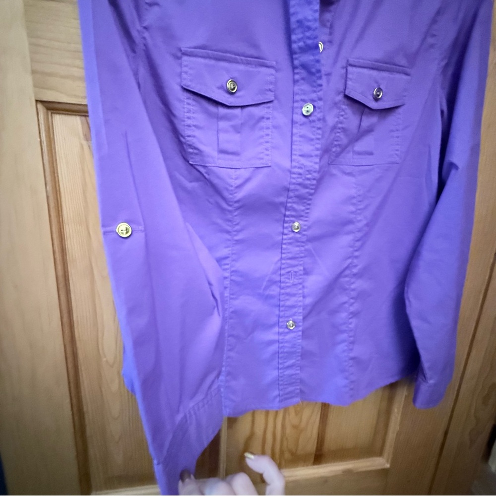 Chico’s Button-Front Utility Shirt – Size 0 (S/4–6) – Purple – Roll Tab Sleeves - Picture 6 of 7